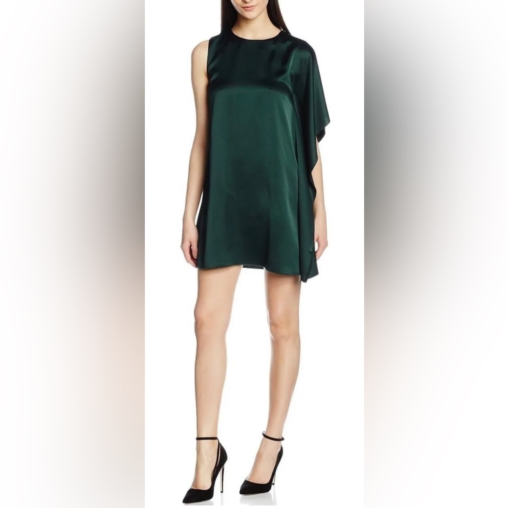 French Connection Green Sasha Satin Asymmetrical Shift Party Dress 2 EUC